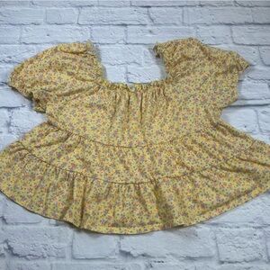 Love Fire Cottagecore Yellow Floral,Puff Sleeve,Ruffled Cotton, Romantic Top. L